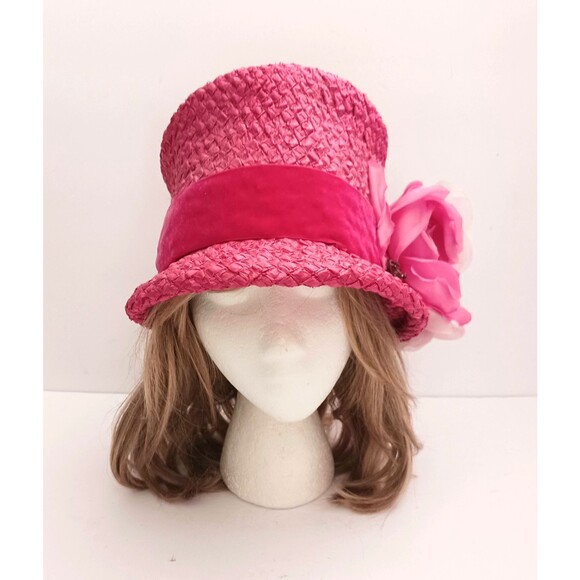 VTG Mr Josephs Hot Pink Straw Hat Lg Pink Rose Trim Velvet  display picture 1